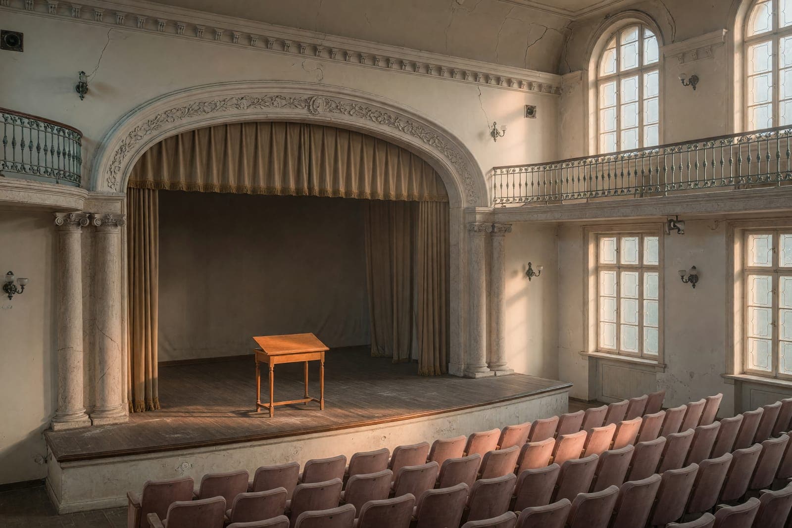 An empty hall with a single lectern in warm light